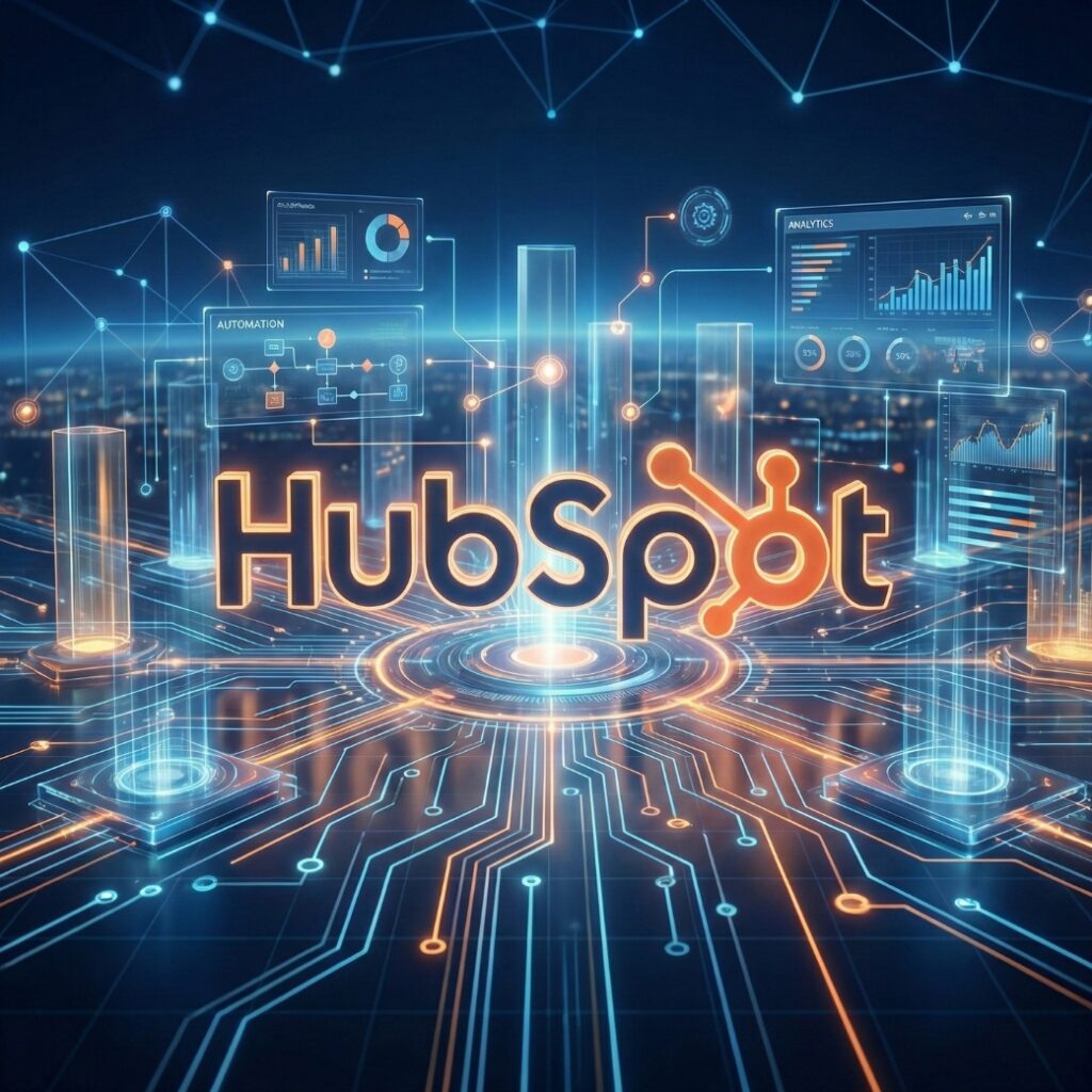 HubSpot logo with a modern tech background