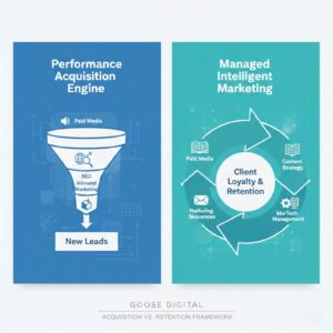 A split-screen image showing performance acquisition engine with a managed intelligent marketing engine.