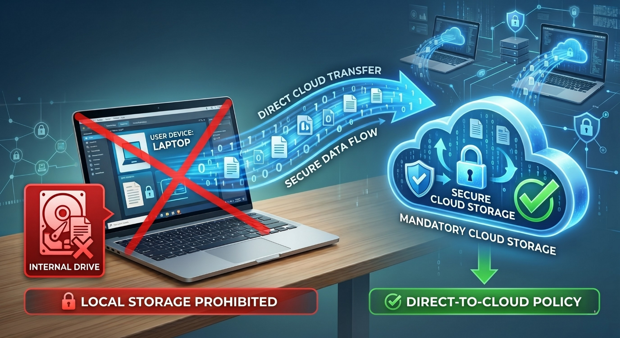 A professional infographic showing data streaming from a laptop with a red "X" through its internal drive to a glowing secure cloud icon, framed by "Local Storage Prohibited" and "Direct-To-Cloud Policy" banners.