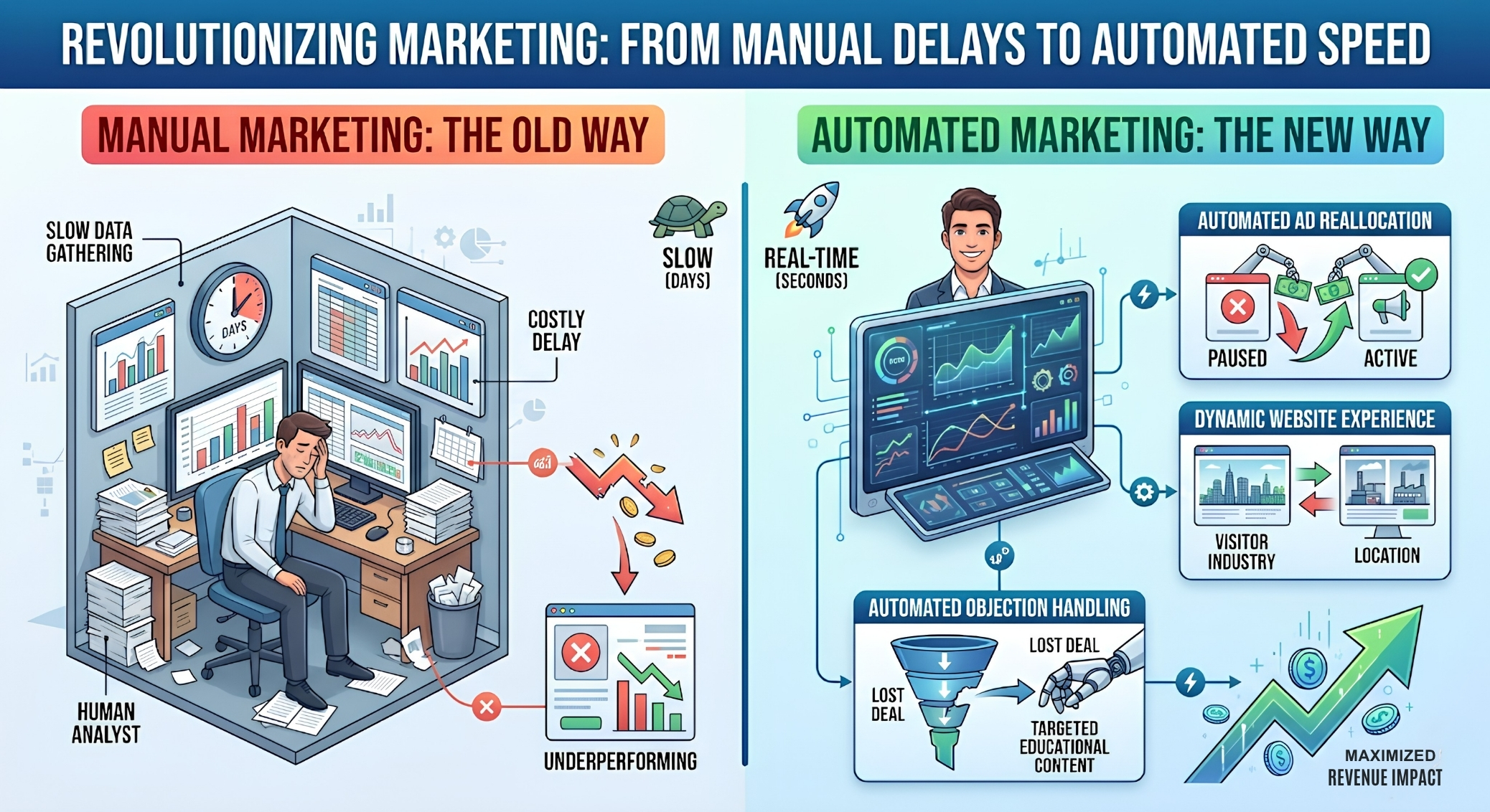 A split-screen infographic with the left side shows a stressed analyst representing "The Old Way" with slow, manual data gathering. The right side shows "The New Way," illustrating real-time automation