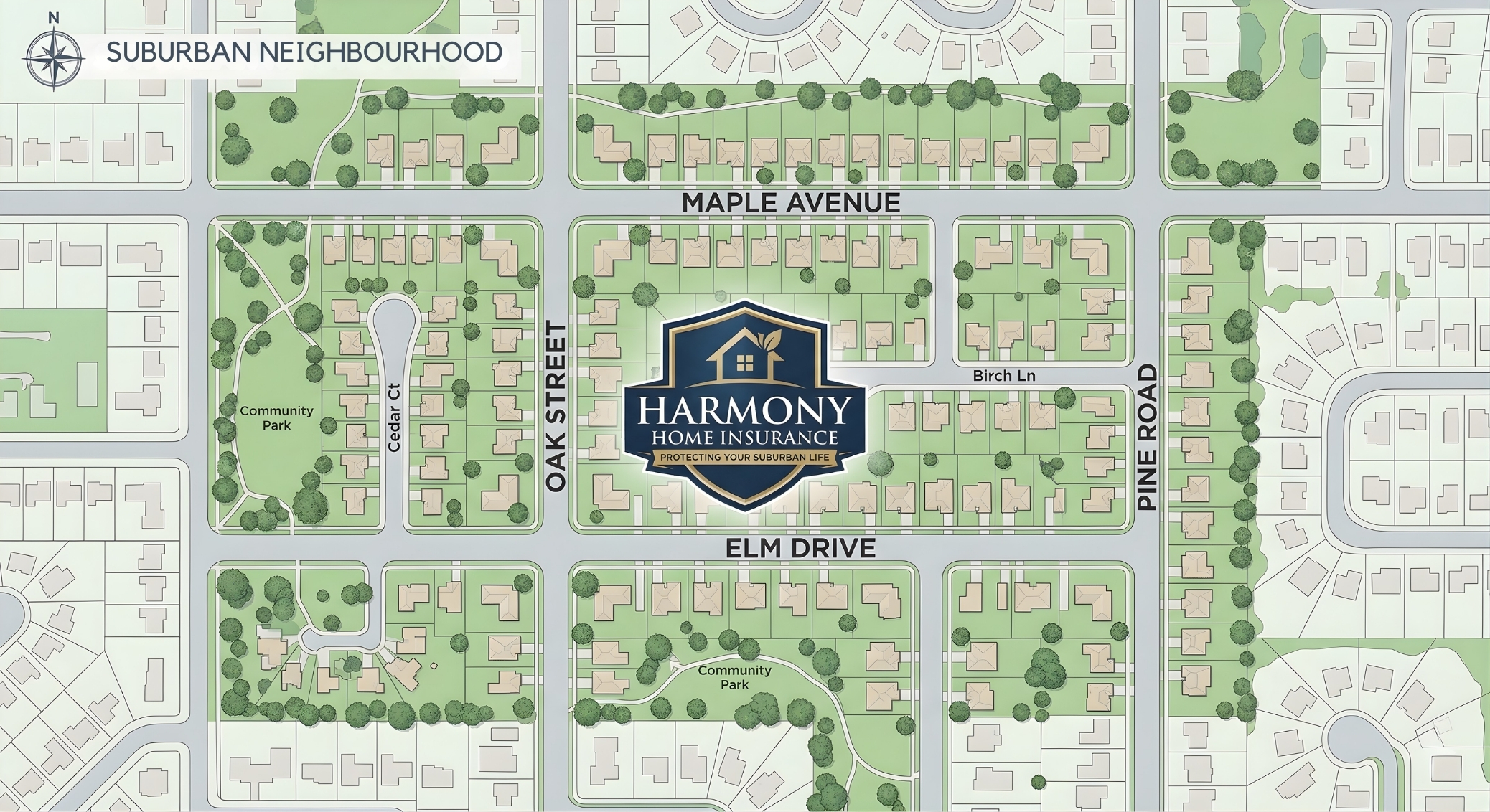Suburban neighbourhood bird's eye view with a central community insurance brokerage in the centre.