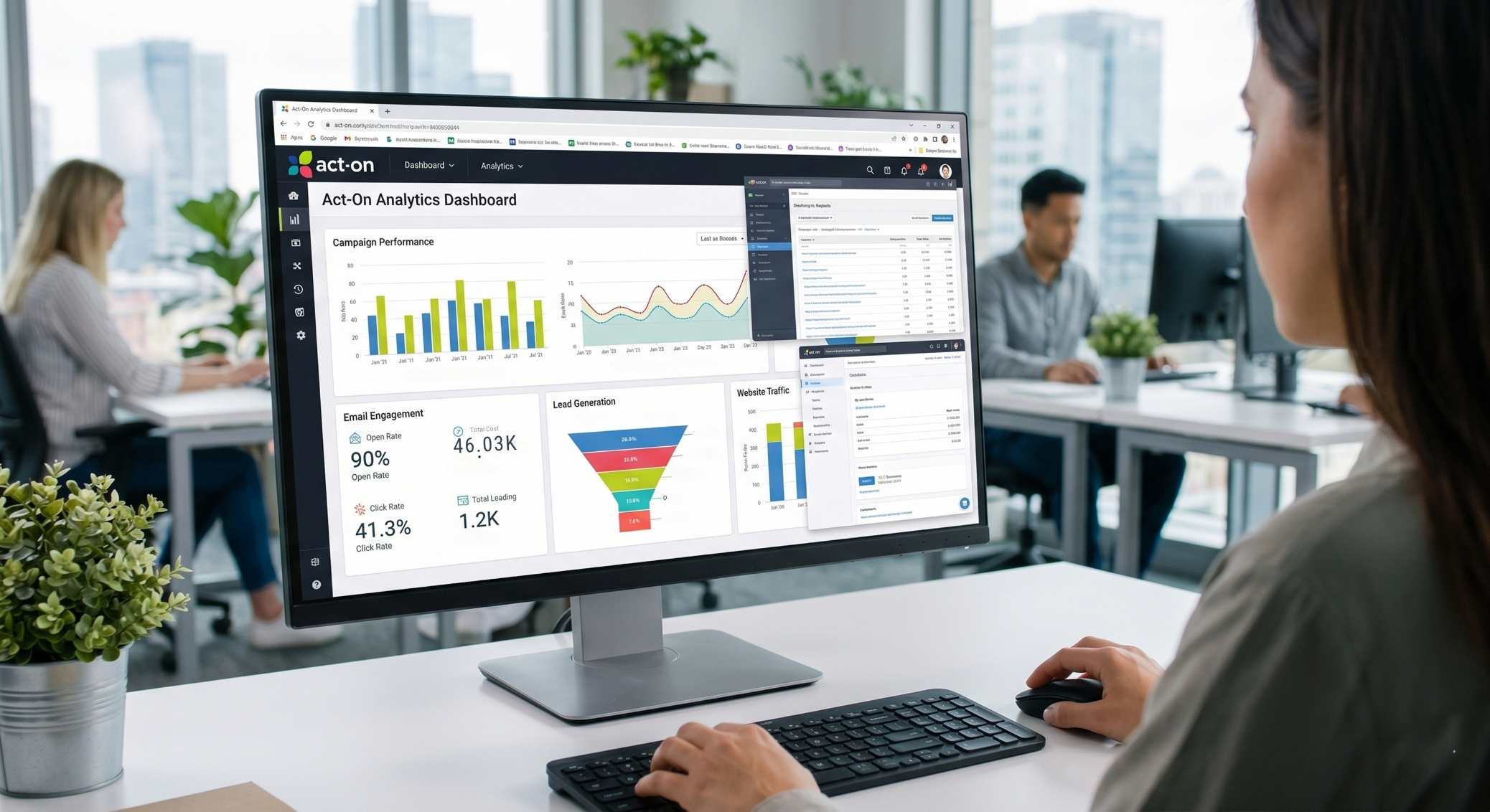 A woman in her office on her desktop looking at Act-On's analytics dashboard.