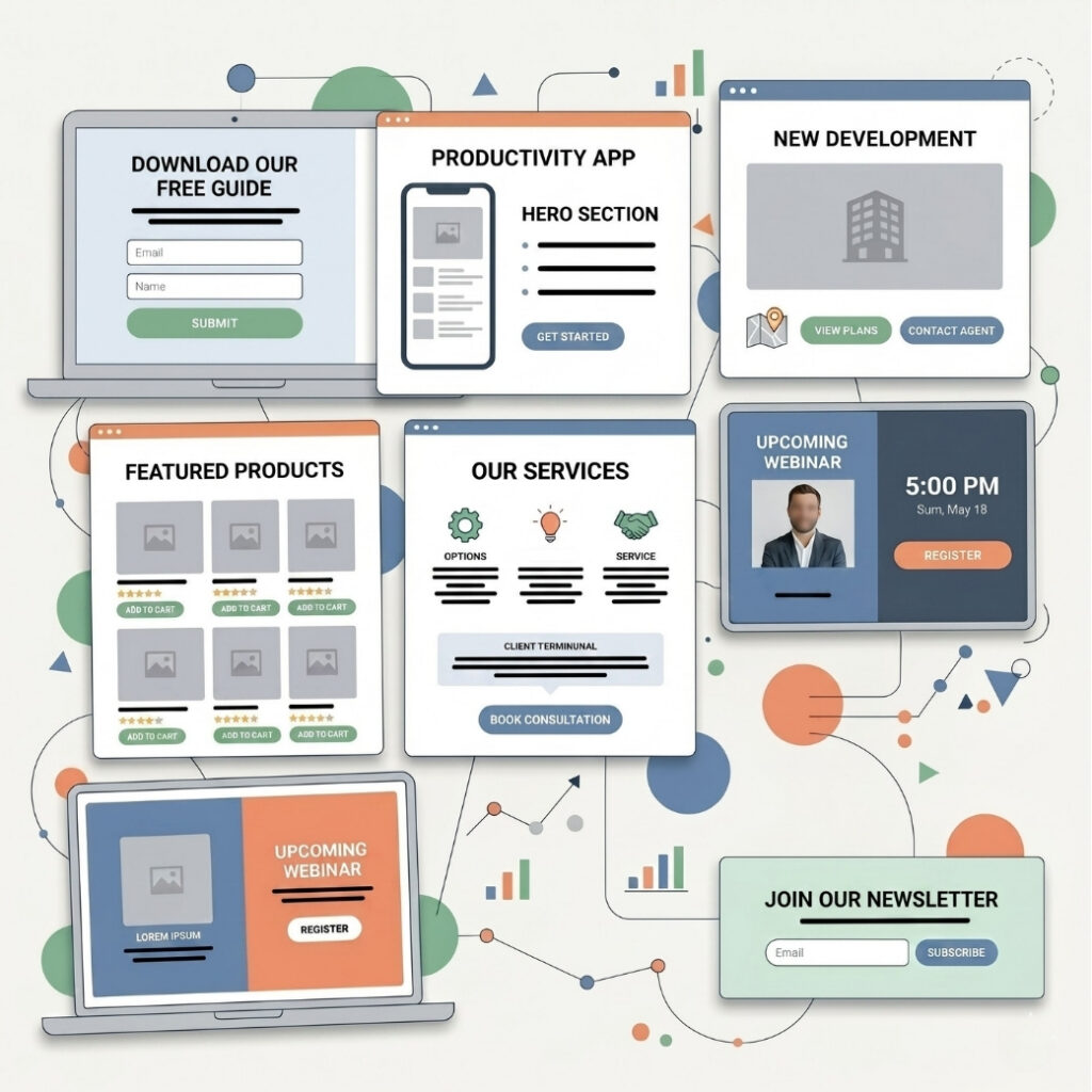 An illustration of various generic website wireframe components and page templates arranged over an abstract background of connecting geometric shapes.