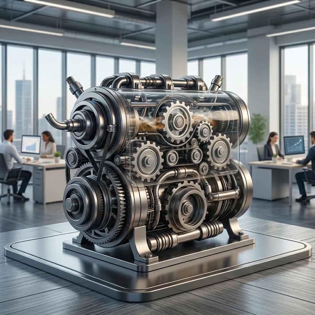 An image of an engine in an office, depicting a literal version of a revenue engine.