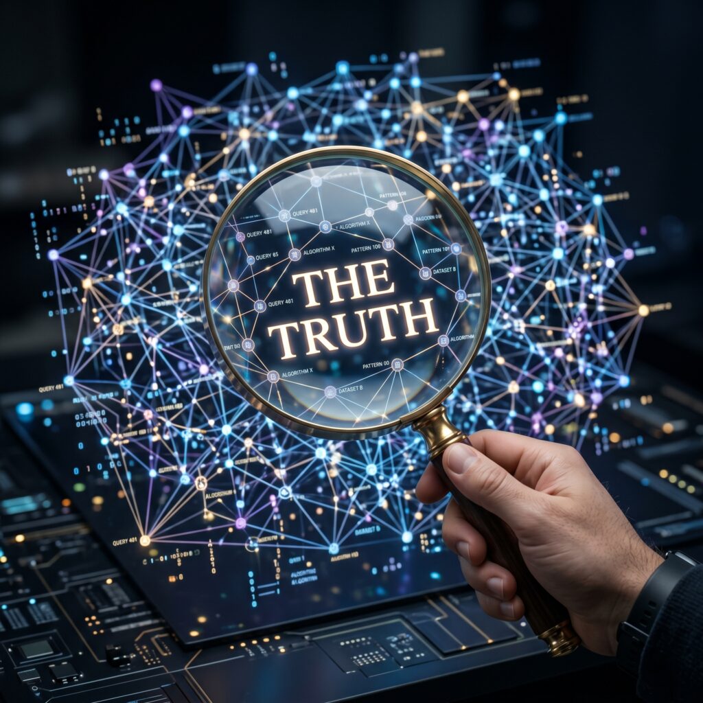 An image of a hand holding a magnifying glass over a glowing, complex digital network, focusing on the text "THE TRUTH" displayed in the centre.
