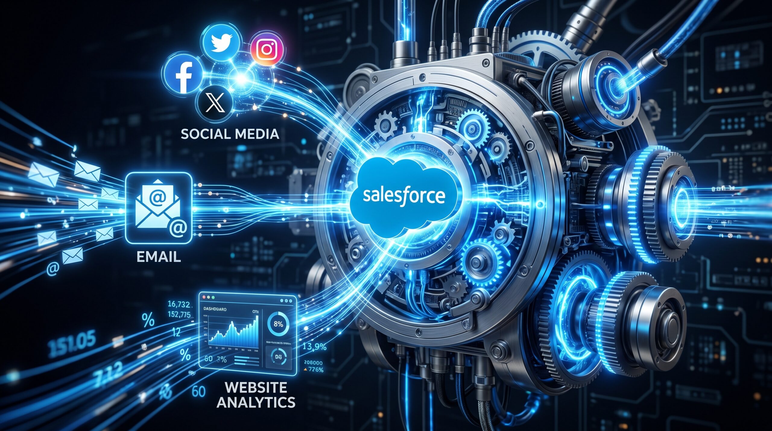 A powerful visualization of Salesforce as a central marketing engine. The Salesforce cloud logo or interface is the core of a high-tech machine, with various gears, circuits, and data streams connecting to different marketing channels (email icons, social media logos, website analytics symbols).