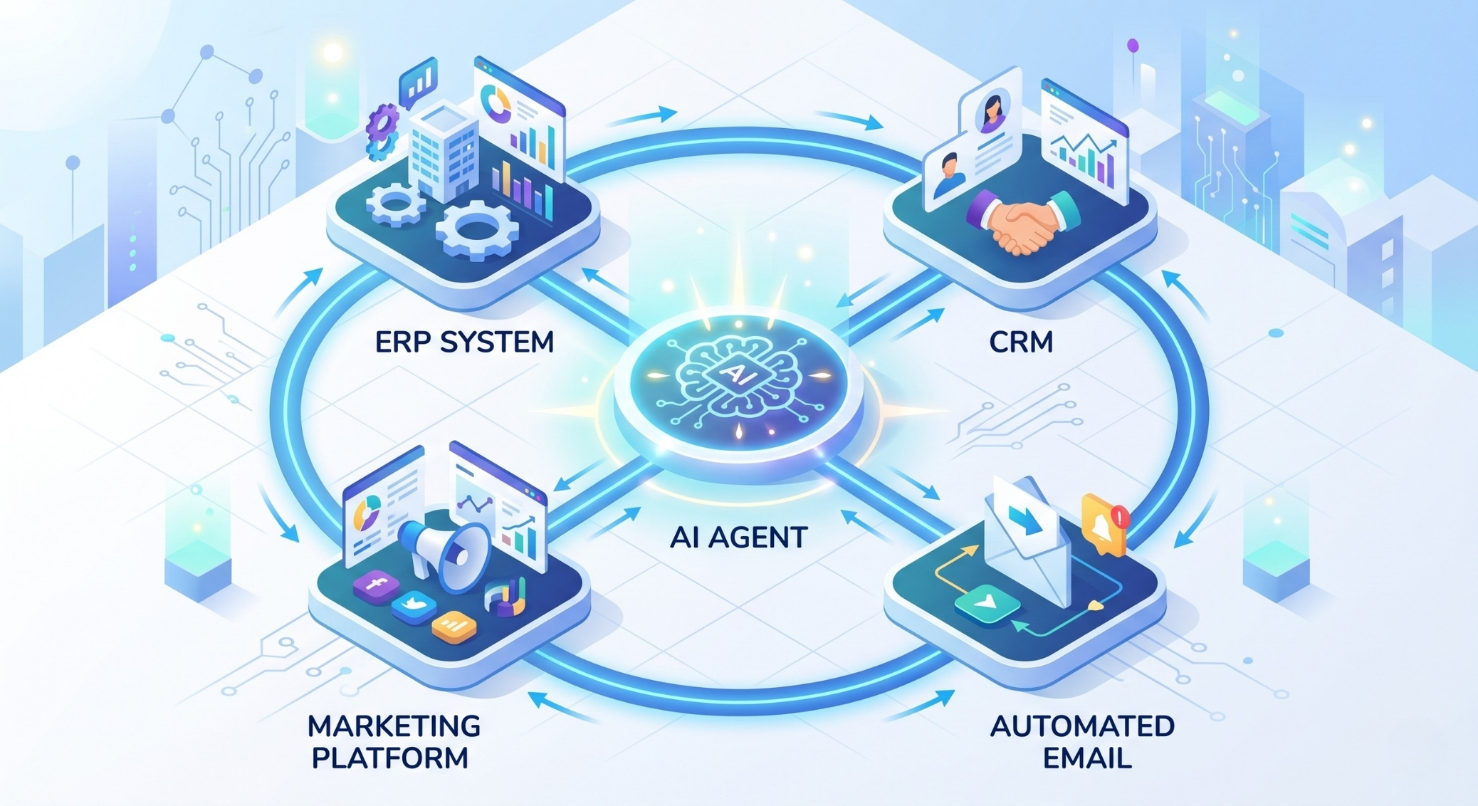 An isometric infographic illustration of a glowing central "AI Agent" icon connected by blue, circular lines to four platforms: ERP System, CRM, Marketing Platform, and Automated Email. The design is modern and clean, symbolizing seamless automation in a closed loop.