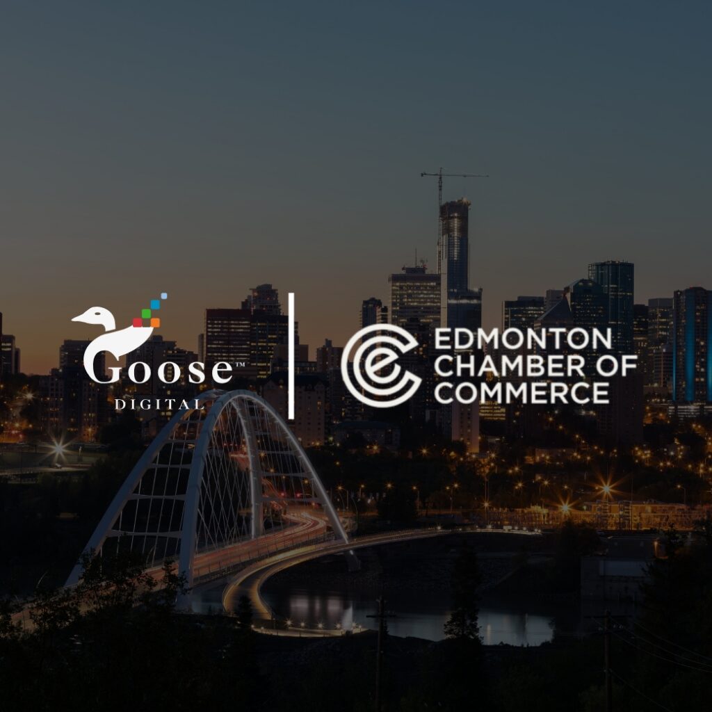 A darkened image of Edmonton's skyline with the Goose Digital and Edmonton Chamber of Commerce Logos