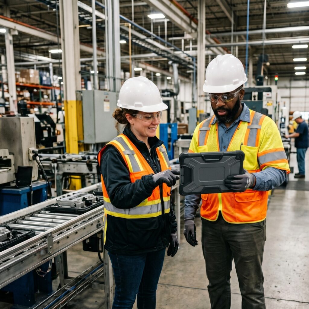 Two warehouse workers in safety gear and hard hats holding a tablet next to an automated conveyor.