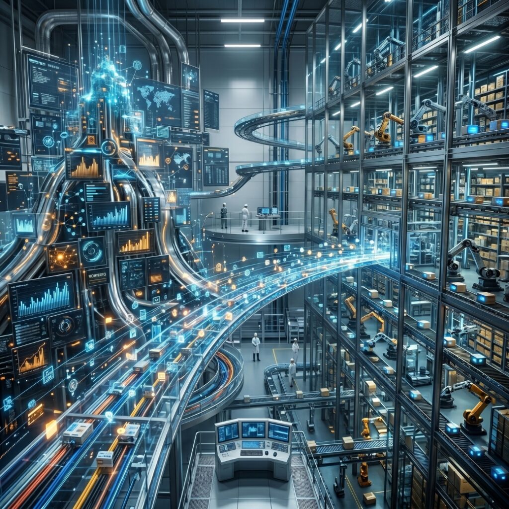A futuristic, high-tech warehouse where a glowing digital bridge of data connects a mountain of complex charts and analytics automated by AI to an organized, automated storage system with robotic arms and human workers.
