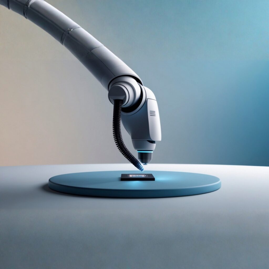 A sleek white robotic arm precisely manufacturing a small microchip resting on a blue circular platform.