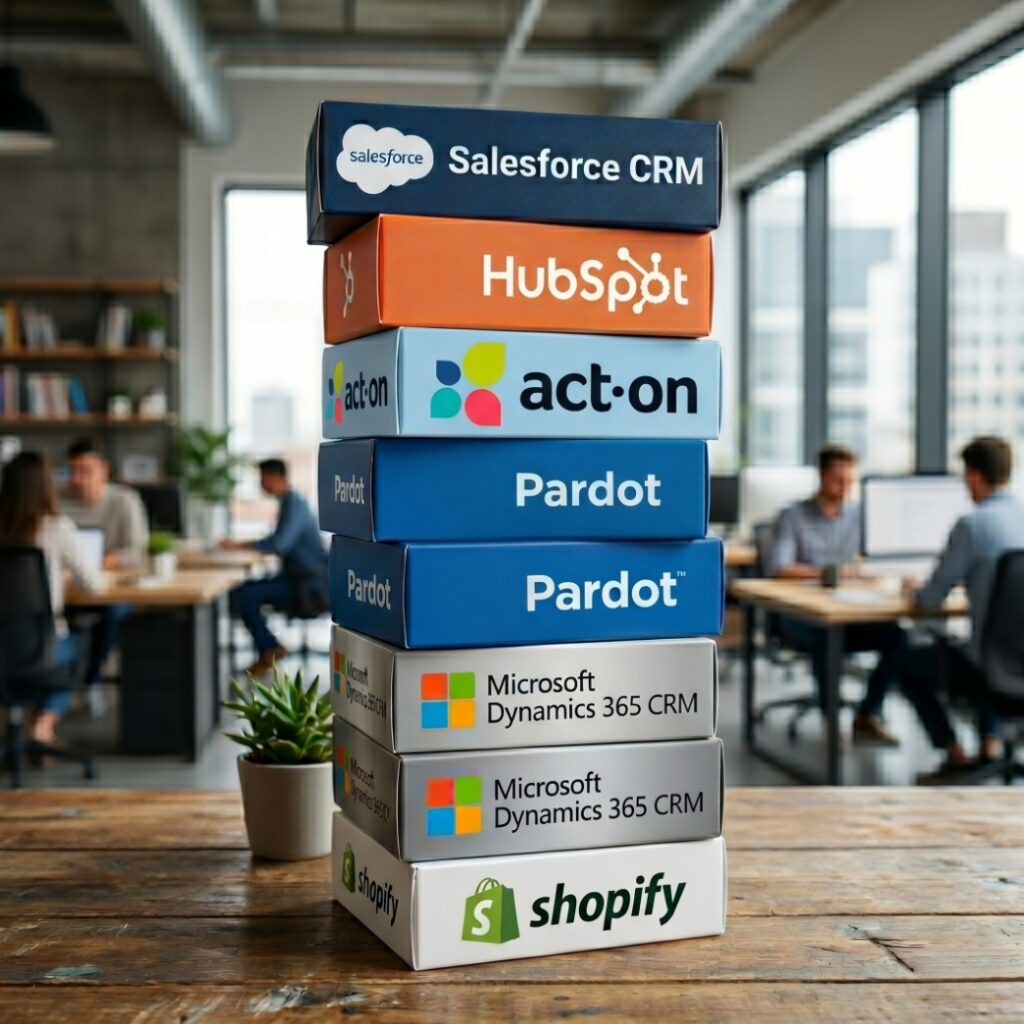 A stack of boxes on a table with different CRM and MAP platforms on them.