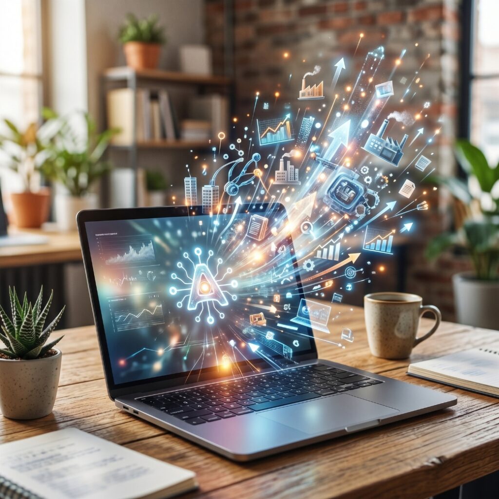 A laptop on a table with different icons and features floating off the screen.