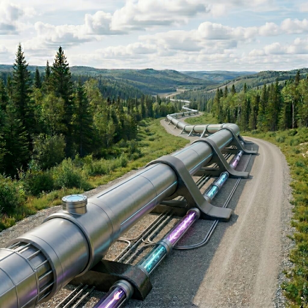 A modern, futuristic pipeline scaling for miles in mountainous terrain.