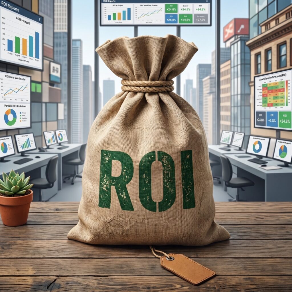 A photorealistic burlap bag with "ROI" printed in green text on the front, sitting on a wooden desk with ROI dashboards in the background.