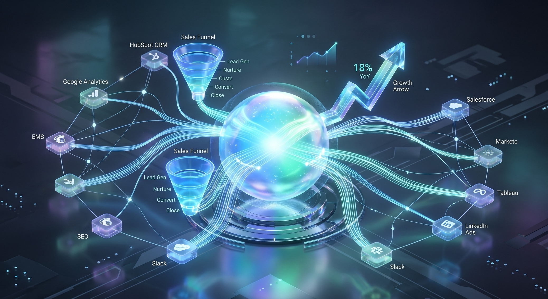Abstract graphic showing an interconnected Martech stack with sales funnels, CRM icons, and a glowing growth arrow.