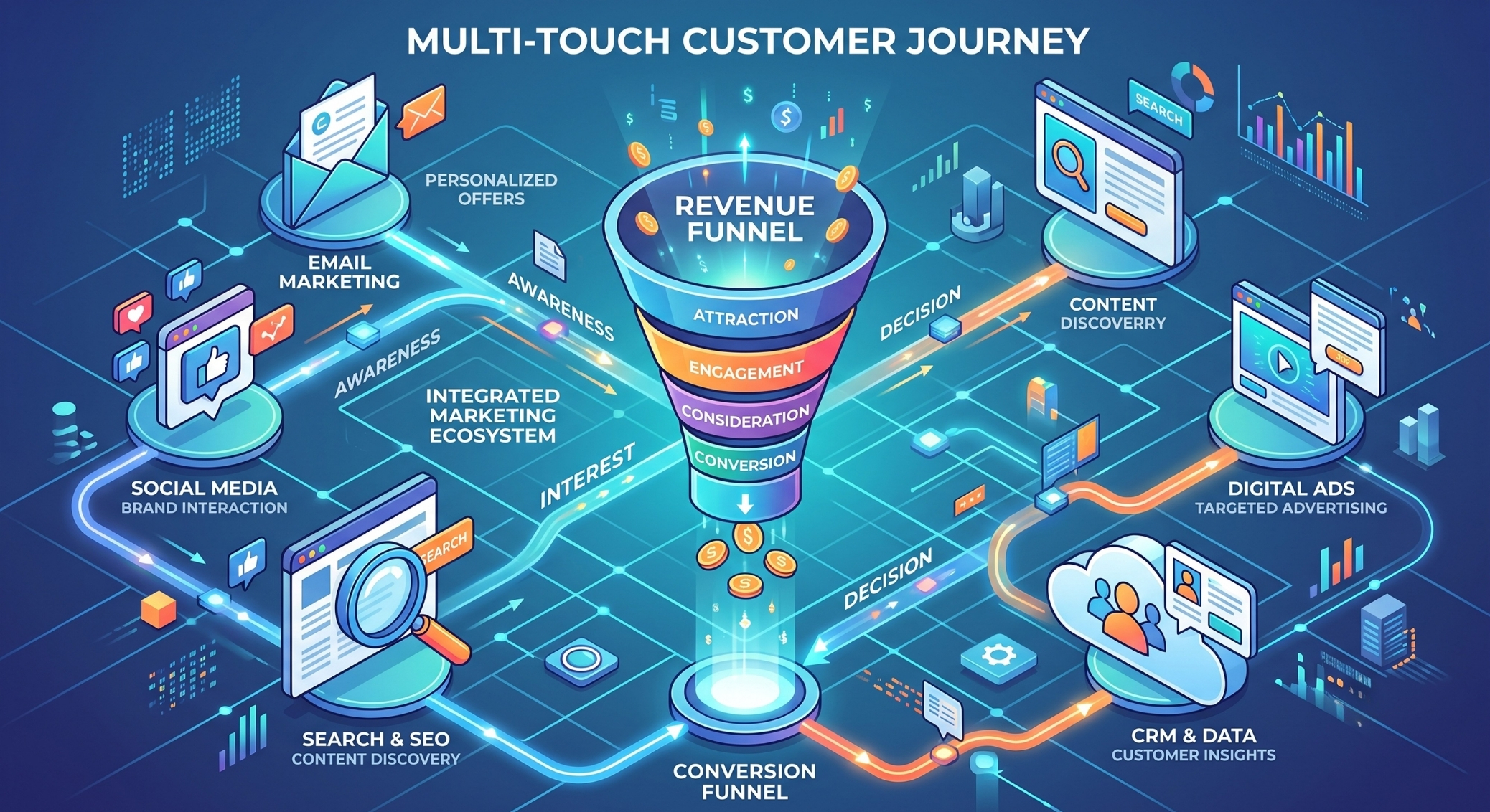 An isometric infographic depicting a multi-touch customer journey, showing interconnected marketing touchpoints like social media, email, and CRM flowing into a central revenue funnel.
