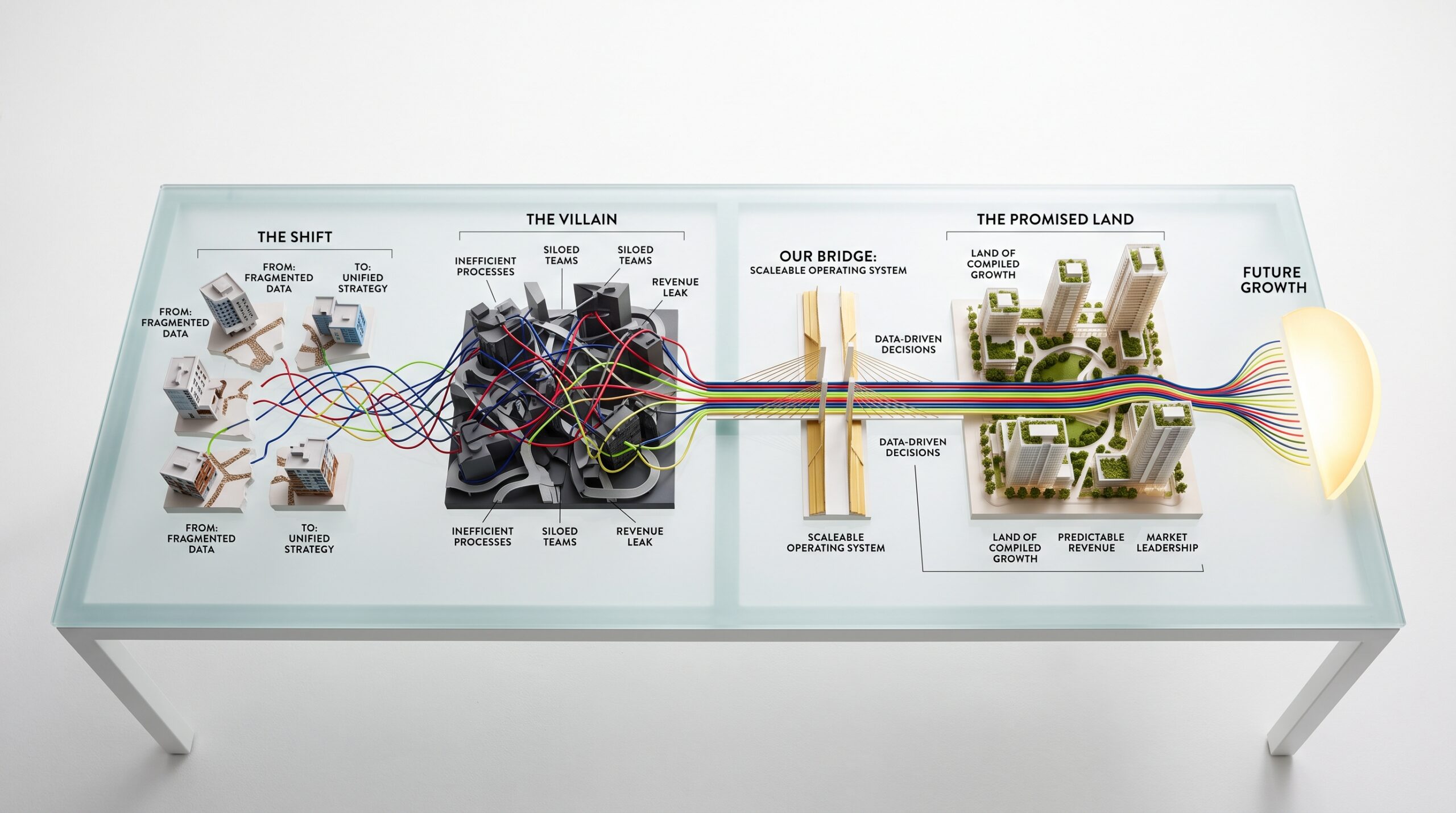 A modern conference table with architectural models of a growing company. Various colourful data visualization threads weave through the models, connecting them to a bright, golden horizon. Framework of the shift -> villan -> bridge -> promised land framework.