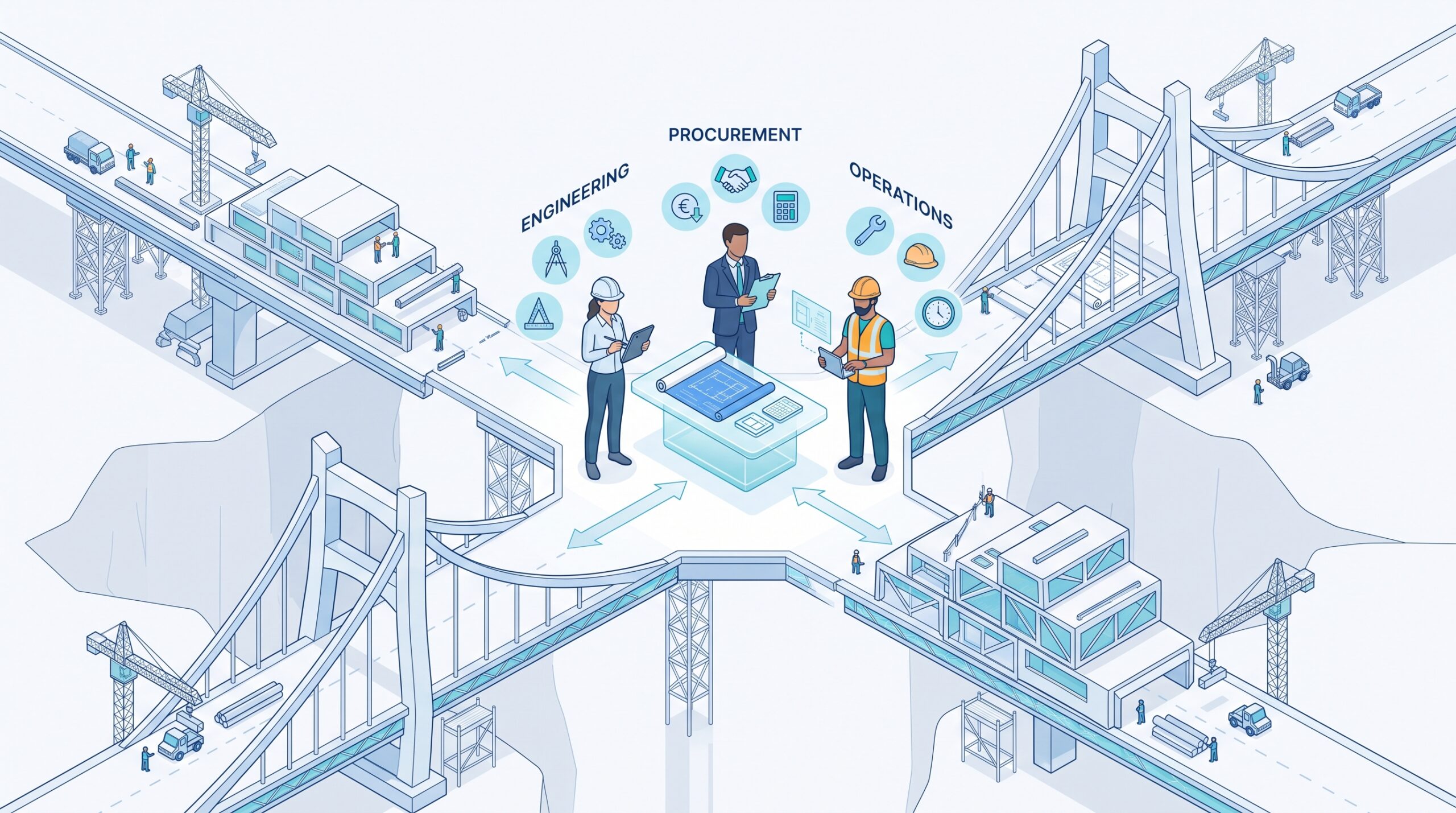 Isometric illustration of engineering, procurement, and operations teams collaborating around a blueprint table with bridges coming from different directions.