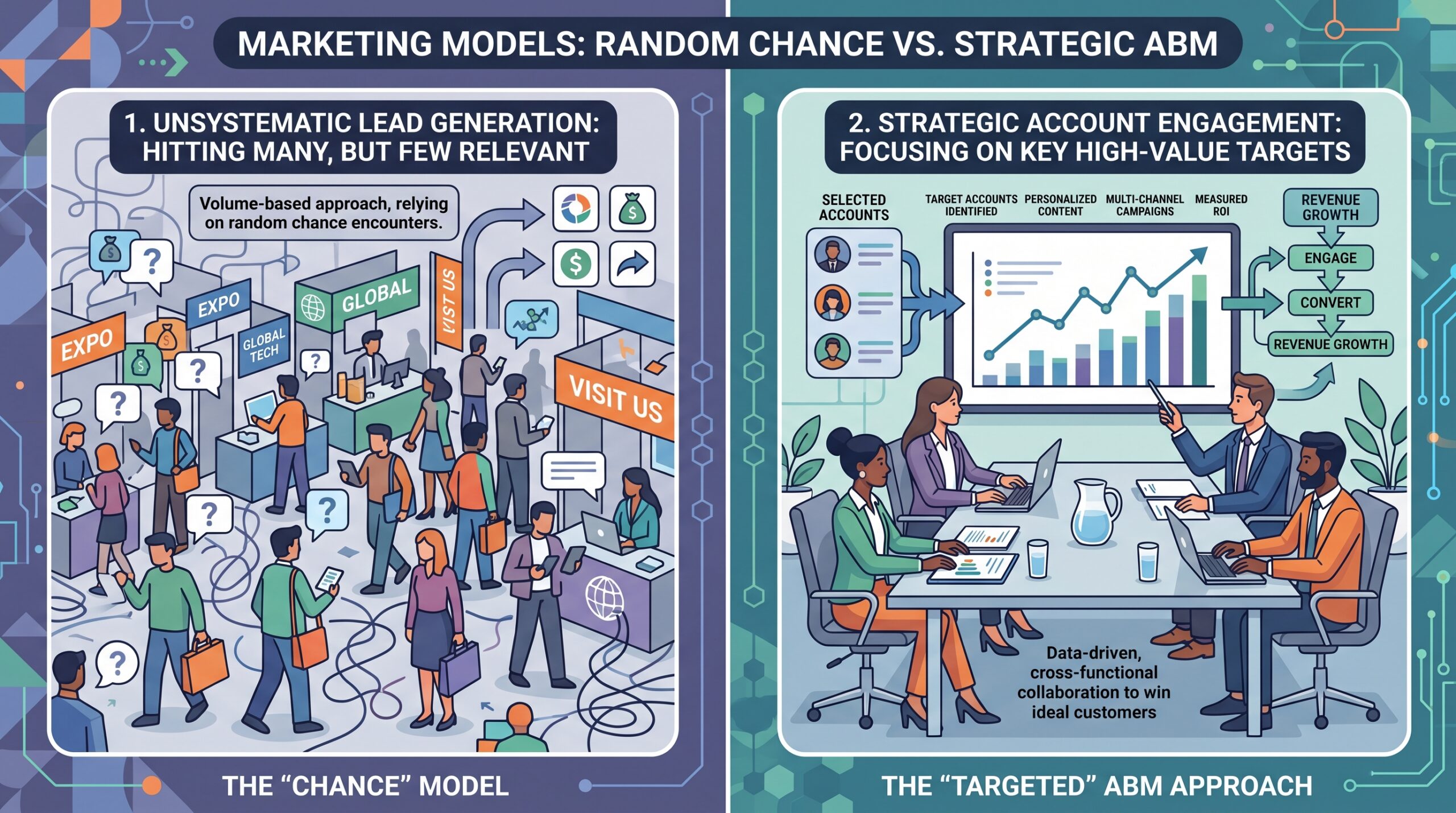 Infographic comparing the "Chance" marketing model (crowded, chaotic expo representing unsystematic lead generation) against the "Targeted" ABM approach (organized team in a conference room focusing on key high-value target accounts).