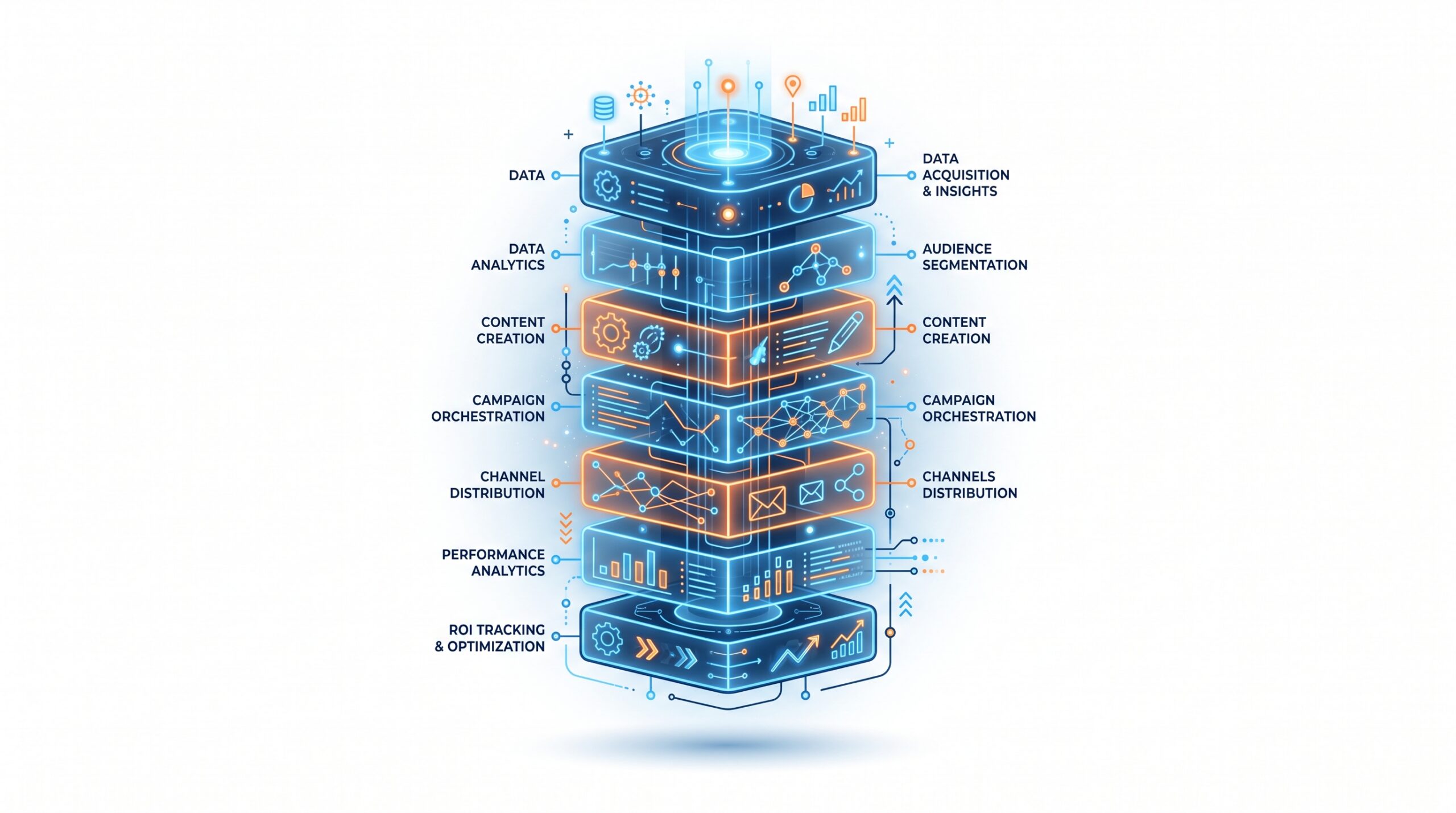 Minimalist conceptual illustration showing a highly organized futuristic glowing engine representing a marketing stack built on a white background with subtle blue and orange accents.
