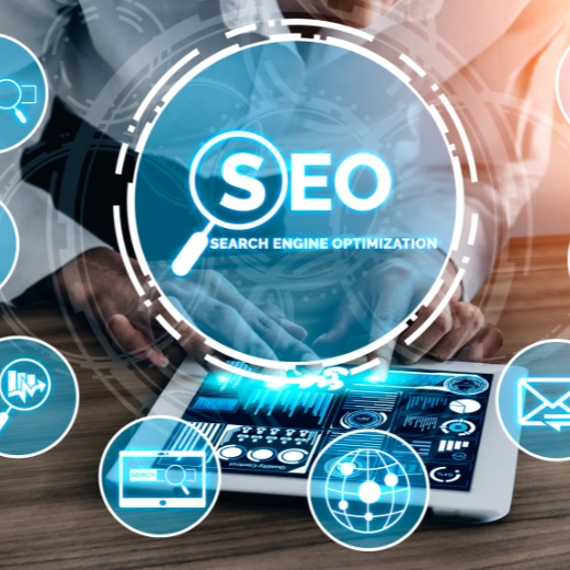 Person using a digital tablet with glowing search engine optimization icons and an SEO graphic overhead.