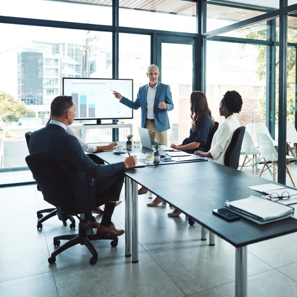 A businessman pointing to a bar chart on a monitor while presenting to investors in a modern conference room.