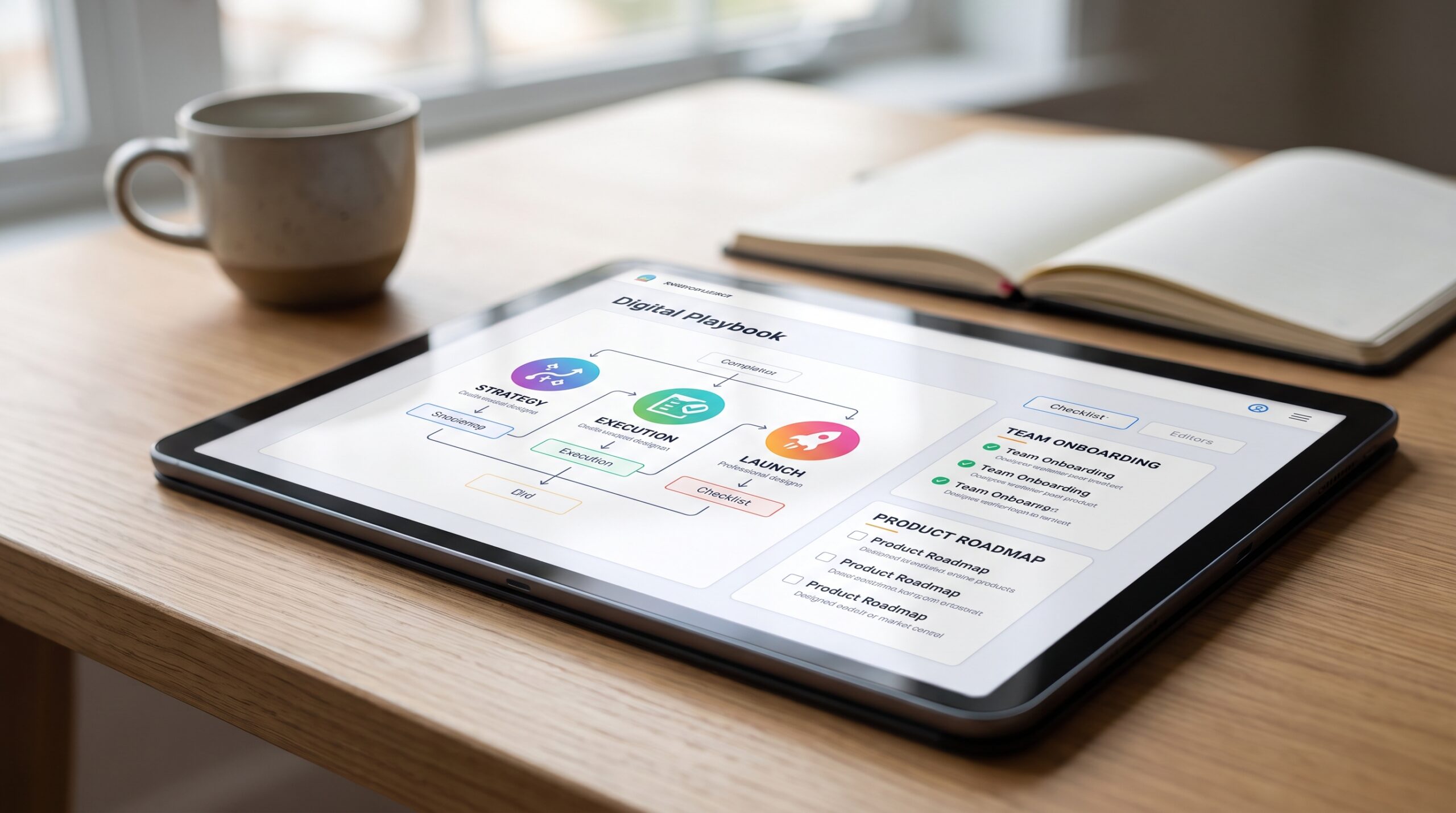 A tablet lying on a wooden desk displaying a "Digital Playbook" dashboard alongside a coffee mug and open notebook.