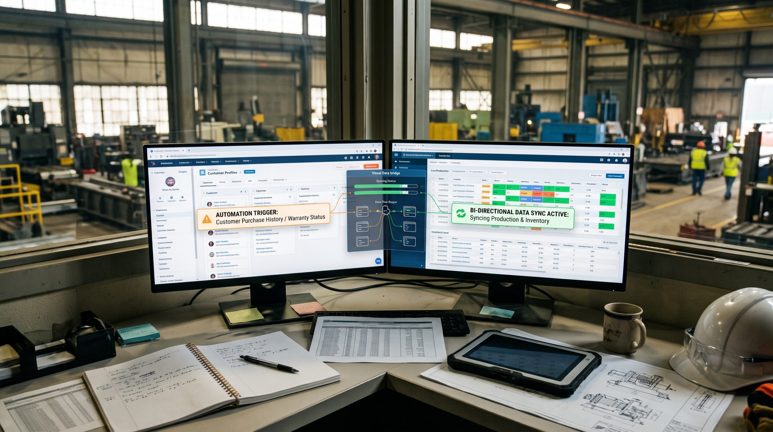 An ERP system and CRM system talking to each other in a manufacturing facility office.