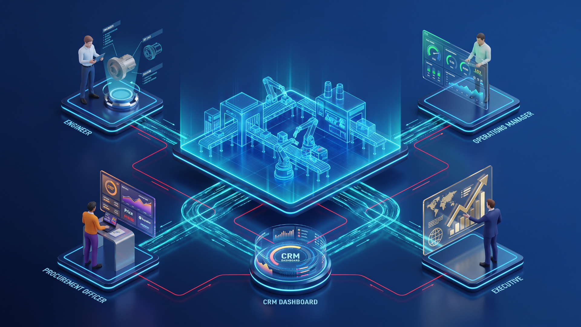 3D isometric diagram illustrating ABM orchestration, linking an engineer, operations manager, procurement officer, and executive around a central industrial factory and CRM dashboard. 