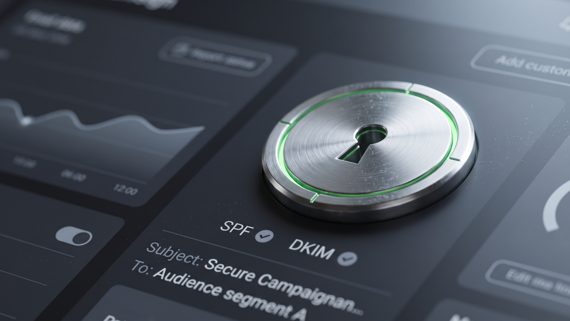 Close-up of a digital lock icon integrated into an email marketing interface, glowing green to signify authenticated SPF and DKIM protocols. 
