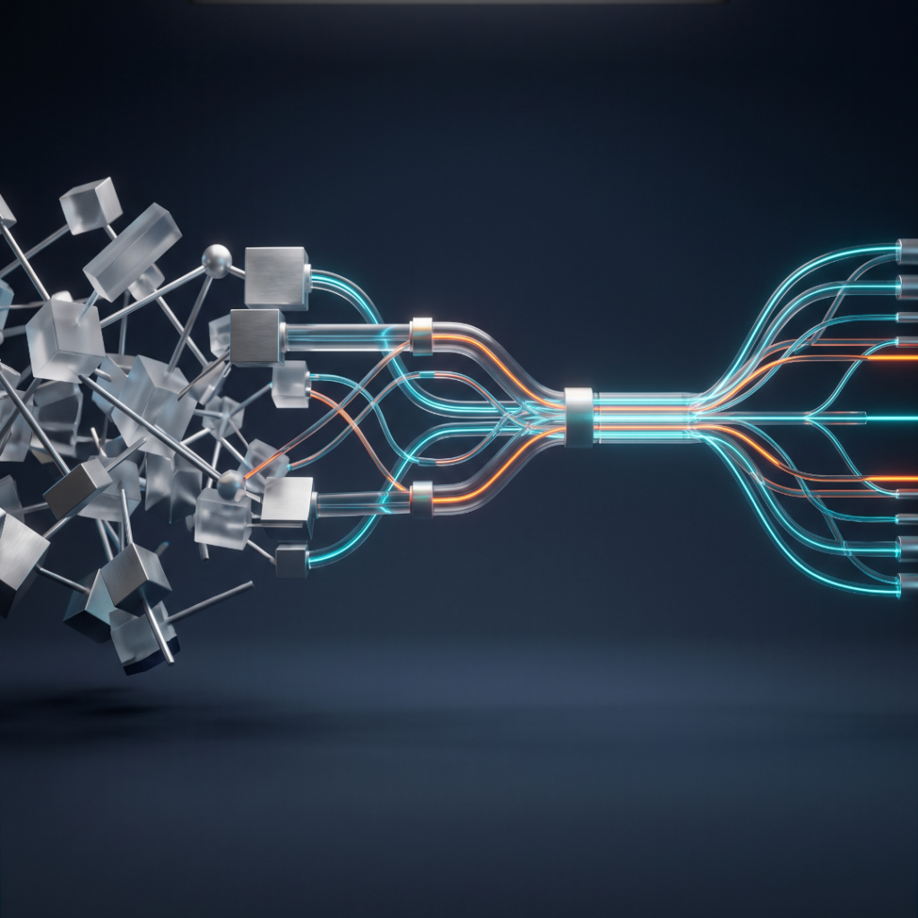 3D graphic illustrating a fragmented tech stack organizing into a streamlined, integrated data flow.