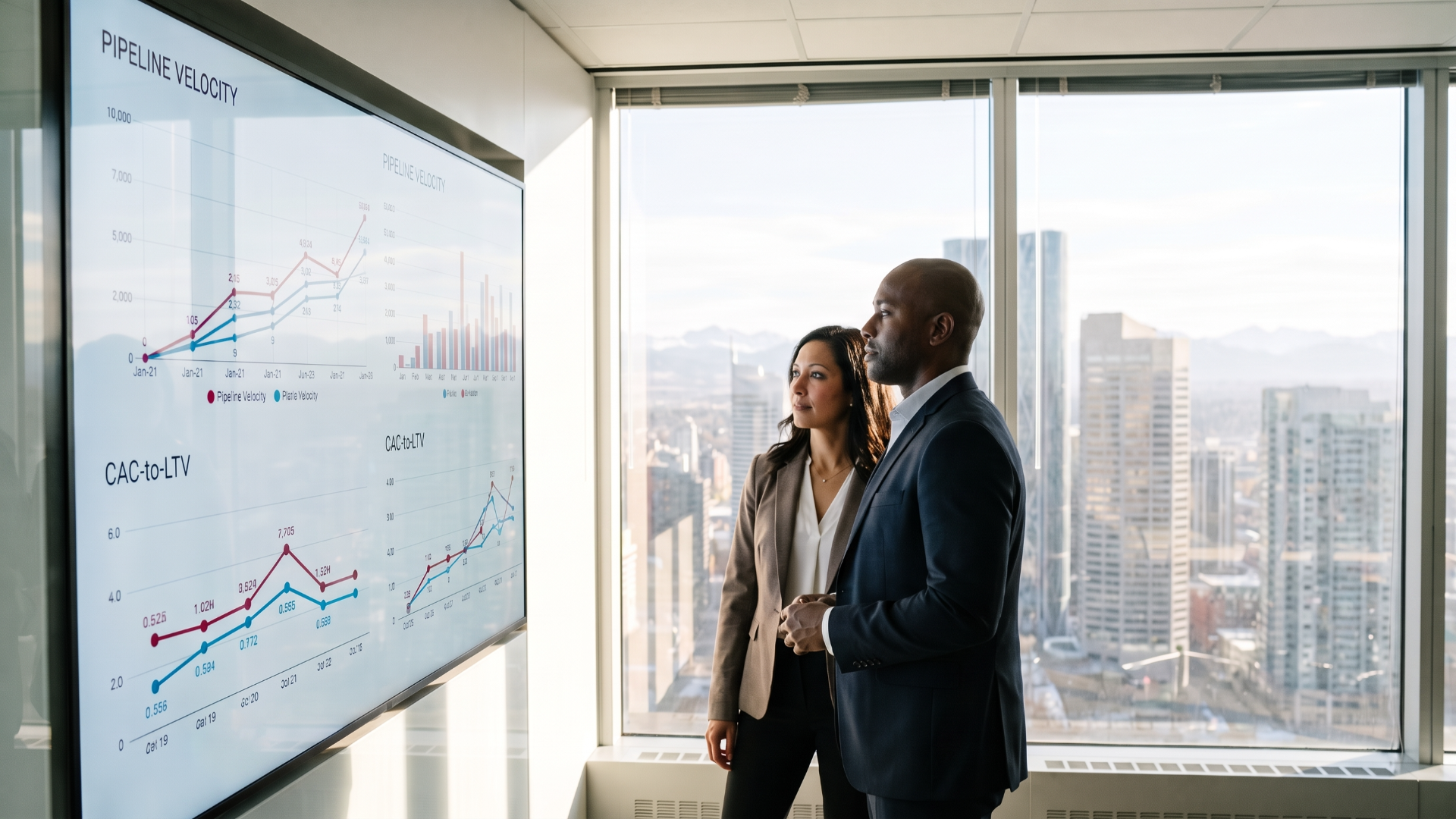 An authentic, high-end editorial photograph of two diverse corporate executives—a CFO and a CMO—standing side-by-side in a modern glass-walled boardroom in Calgary, looking at a wall-mounted interactive glass data display.