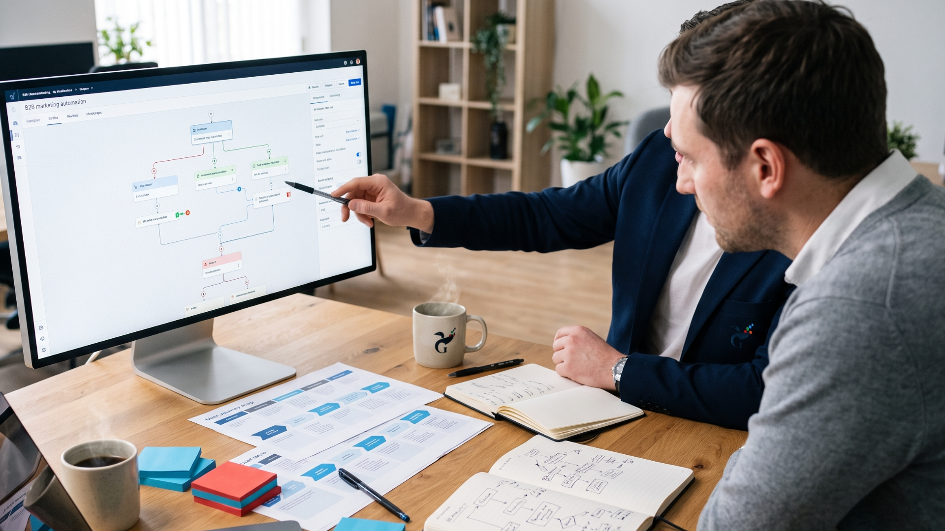 Two professionals in smart-casual business attire are sitting at a wooden table in an Edmonton office, looking at a large desktop monitor that displays a visual B2B marketing automation workflow.